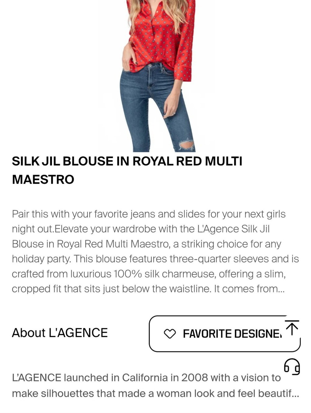 L'AGENCE Jil Women's 100% Silk Charmeuse Blouse Royal Red Print 3/4 Sleeve S - Picture 8 of 9